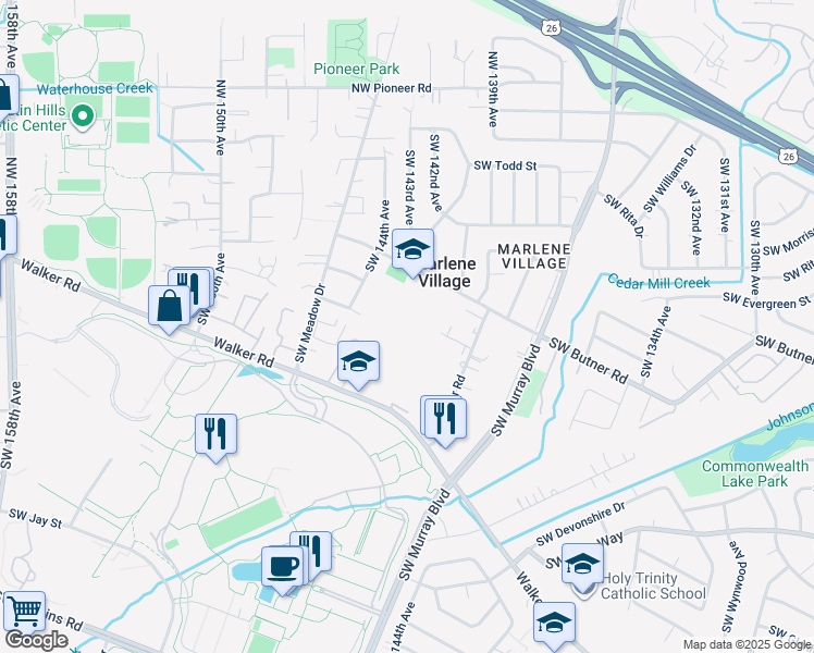 map of restaurants, bars, coffee shops, grocery stores, and more near 14100 Southwest Downing Street in Beaverton