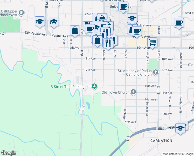 map of restaurants, bars, coffee shops, grocery stores, and more near 1915 16th Avenue in Forest Grove