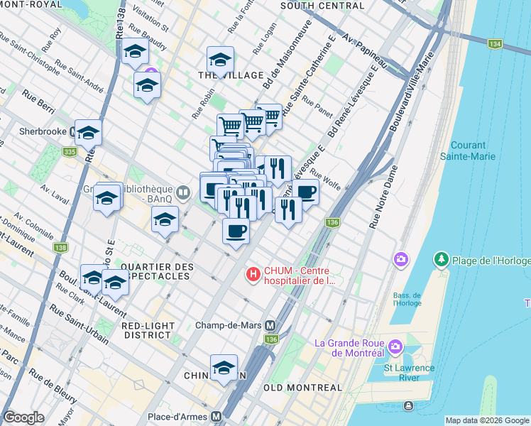 map of restaurants, bars, coffee shops, grocery stores, and more near 825 Boulevard René-Lévesque Est in Montréal