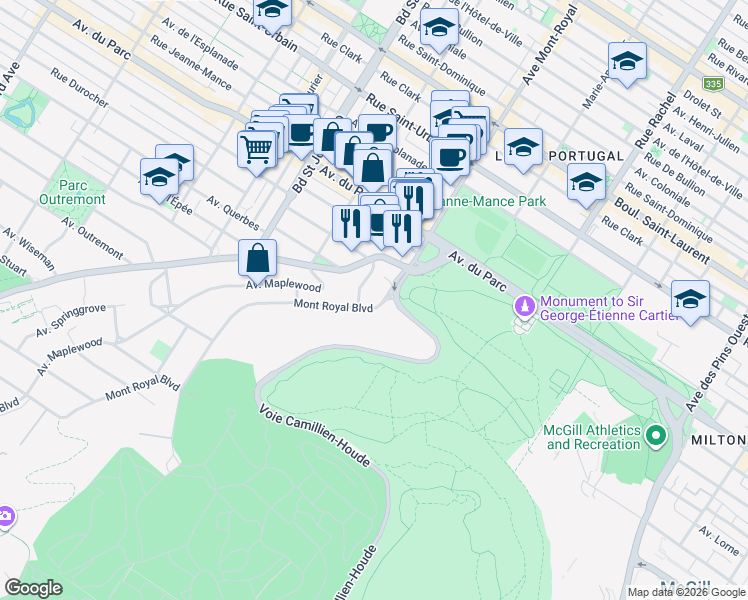 map of restaurants, bars, coffee shops, grocery stores, and more near 1049 Boulevard du Mont-Royal in Montréal