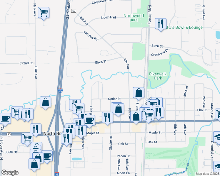 map of restaurants, bars, coffee shops, grocery stores, and more near 6100 Cedar Street in North Branch