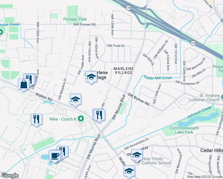 map of restaurants, bars, coffee shops, grocery stores, and more near 13960 Southwest Butner Road in Beaverton
