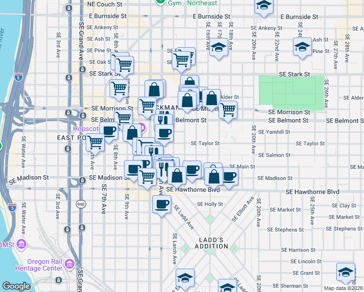 map of restaurants, bars, coffee shops, grocery stores, and more near 1330 Southeast Taylor Street in Portland