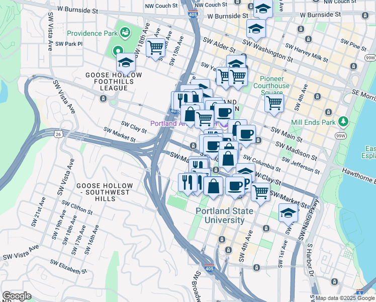 map of restaurants, bars, coffee shops, grocery stores, and more near 1110 Southwest Clay Street in Portland