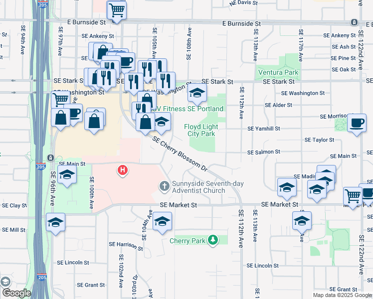 map of restaurants, bars, coffee shops, grocery stores, and more near 10721 Southeast Cherry Blossom Drive in Portland