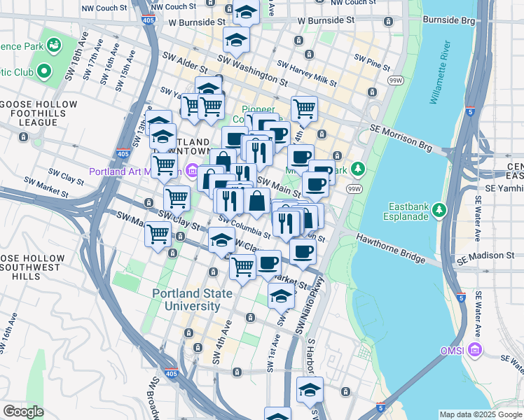 map of restaurants, bars, coffee shops, grocery stores, and more near in Portland