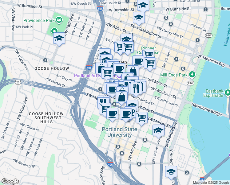 map of restaurants, bars, coffee shops, grocery stores, and more near in Portland
