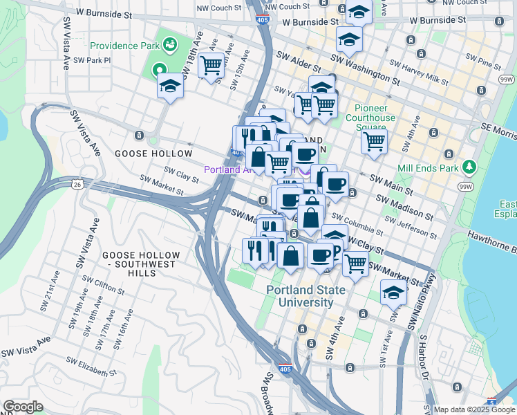 map of restaurants, bars, coffee shops, grocery stores, and more near in Portland