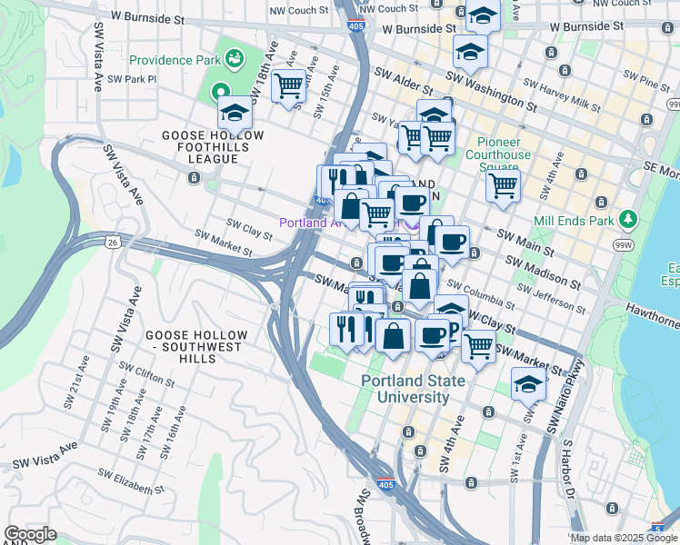 map of restaurants, bars, coffee shops, grocery stores, and more near in Portland