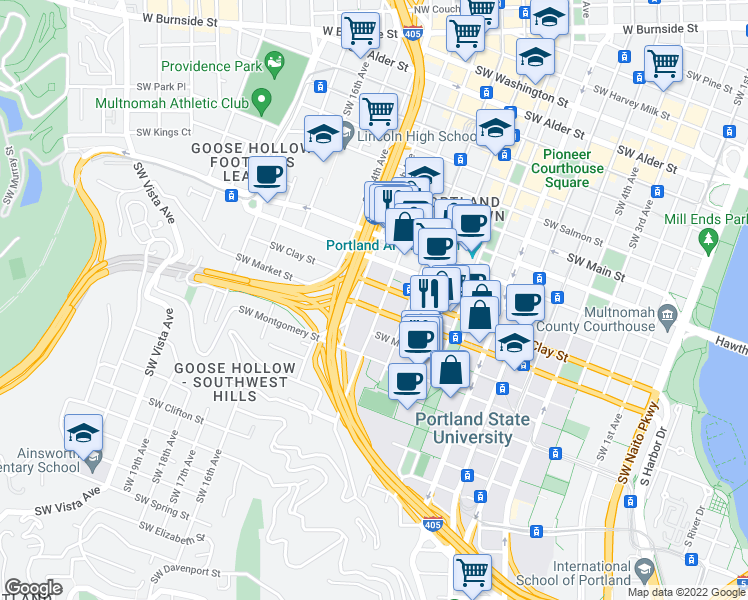 map of restaurants, bars, coffee shops, grocery stores, and more near 1609 Southwest 12th Avenue in Portland
