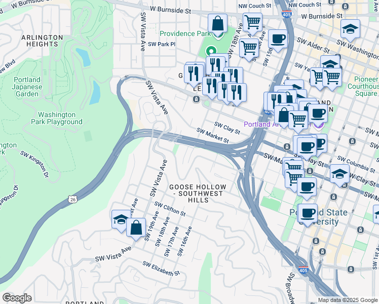 map of restaurants, bars, coffee shops, grocery stores, and more near 1828 Southwest 18th Avenue in Portland
