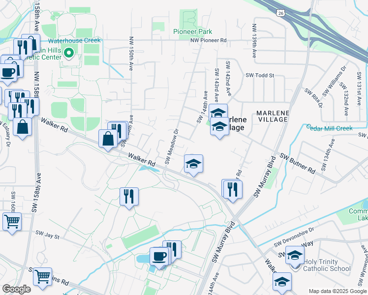 map of restaurants, bars, coffee shops, grocery stores, and more near 650 Southwest Meadow Drive in Beaverton