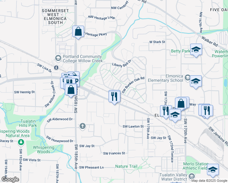 map of restaurants, bars, coffee shops, grocery stores, and more near 17885 Southwest Baseline Road in Beaverton