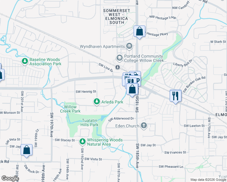 map of restaurants, bars, coffee shops, grocery stores, and more near 18845 Southwest Willow Creek Terrace in Beaverton