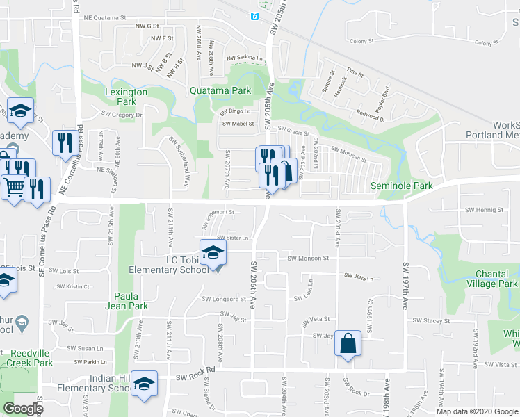 map of restaurants, bars, coffee shops, grocery stores, and more near 725 Southwest 206th Place in Aloha