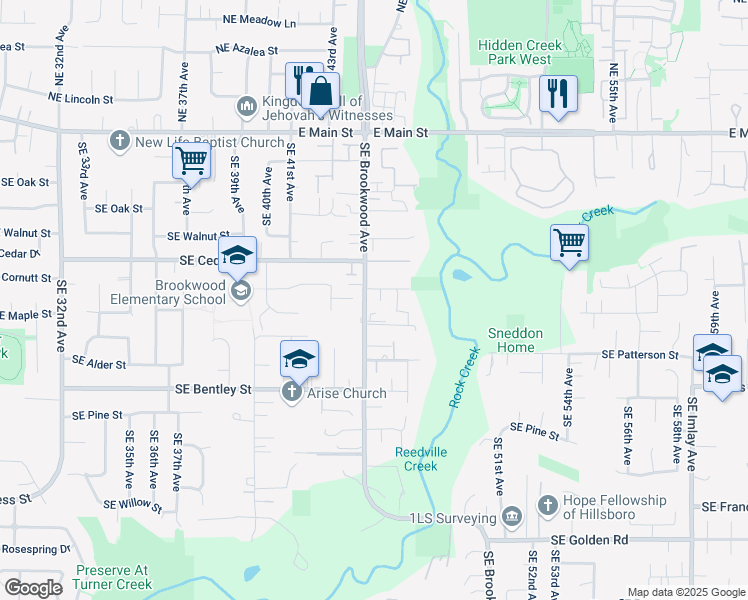 map of restaurants, bars, coffee shops, grocery stores, and more near 735 Southeast Brookwood Avenue in Hillsboro