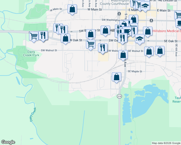 map of restaurants, bars, coffee shops, grocery stores, and more near 730 Southwest Dennis Avenue in Hillsboro