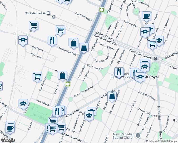 map of restaurants, bars, coffee shops, grocery stores, and more near 2285 Chemin Cambridge in Mount Royal
