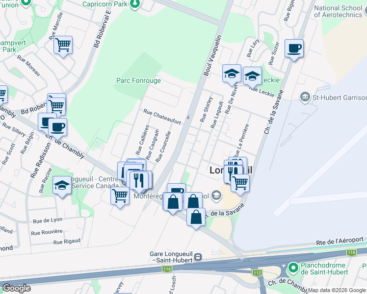 map of restaurants, bars, coffee shops, grocery stores, and more near 160 Boulevard Vauquelin in Longueuil