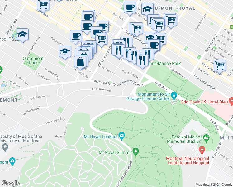 map of restaurants, bars, coffee shops, grocery stores, and more near 1083 Boulevard du Mont-Royal in Montréal
