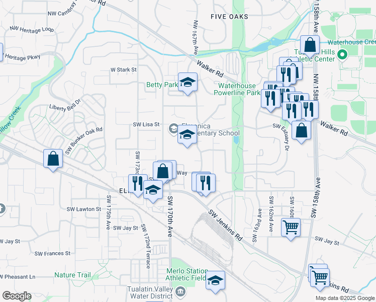 map of restaurants, bars, coffee shops, grocery stores, and more near 16950 Southwest Lisa Court in Beaverton