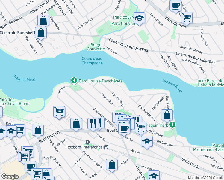 map of restaurants, bars, coffee shops, grocery stores, and more near 10519 Rue Bellevue in Montréal