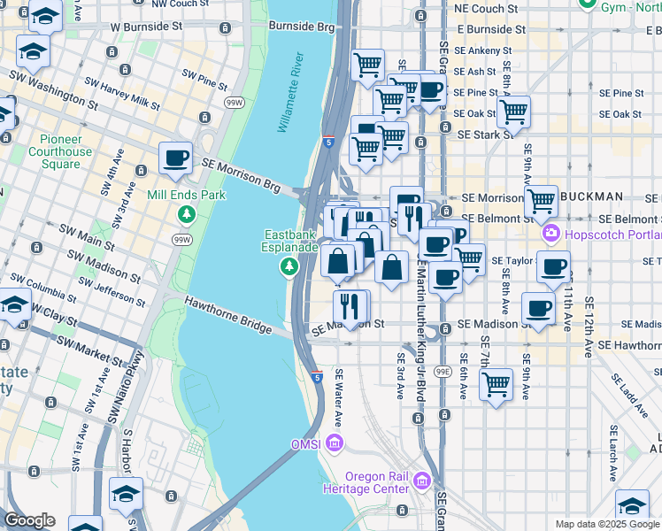 map of restaurants, bars, coffee shops, grocery stores, and more near 57 Southeast Salmon Street in Portland