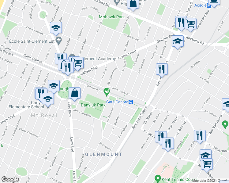 map of restaurants, bars, coffee shops, grocery stores, and more near in Mount Royal