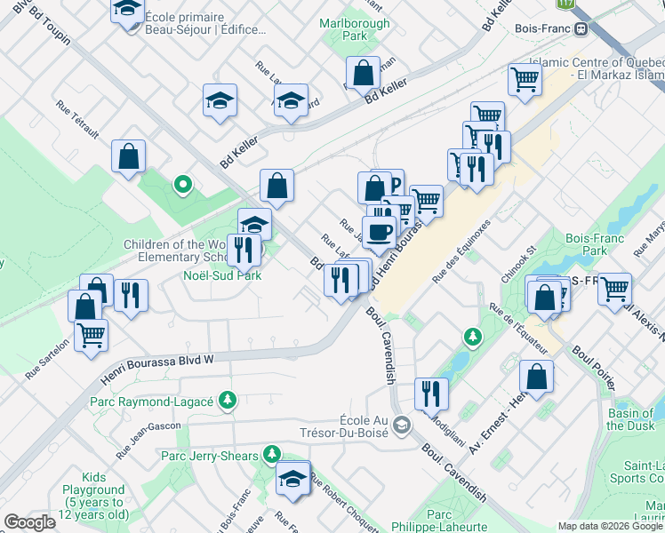 map of restaurants, bars, coffee shops, grocery stores, and more near 2707 Boulevard Toupin in Montréal