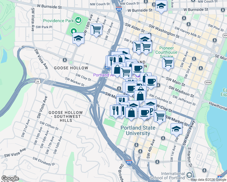 map of restaurants, bars, coffee shops, grocery stores, and more near in Portland