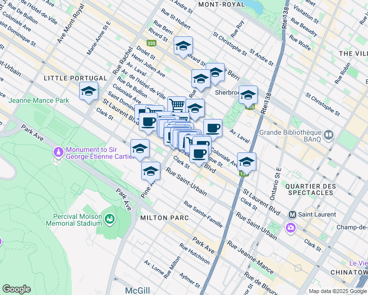 map of restaurants, bars, coffee shops, grocery stores, and more near 3697 Boulevard Saint-Laurent in Montréal