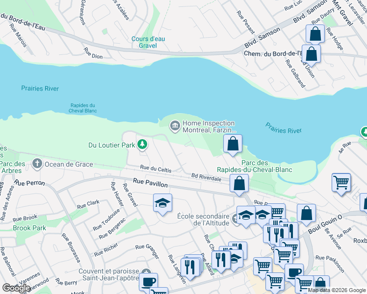 map of restaurants, bars, coffee shops, grocery stores, and more near 5240 Rue Riviera in Montrã©Al