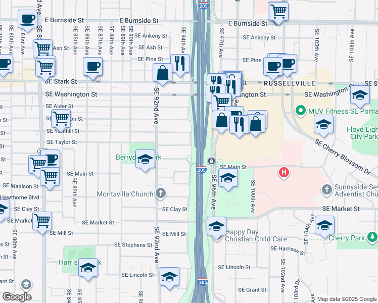map of restaurants, bars, coffee shops, grocery stores, and more near 9341 Southeast Salmon Street in Portland