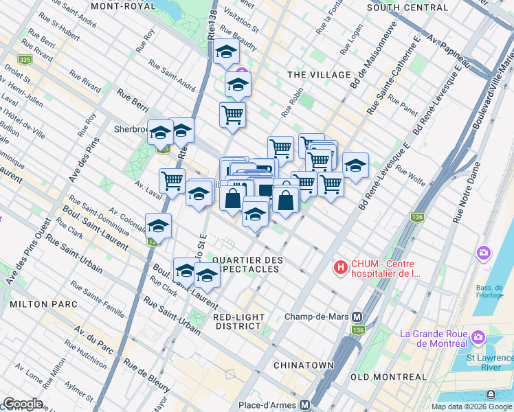 map of restaurants, bars, coffee shops, grocery stores, and more near 1609 Rue Saint-Denis in Montréal
