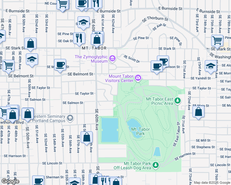map of restaurants, bars, coffee shops, grocery stores, and more near 6347 Southeast Yamhill Street in Portland