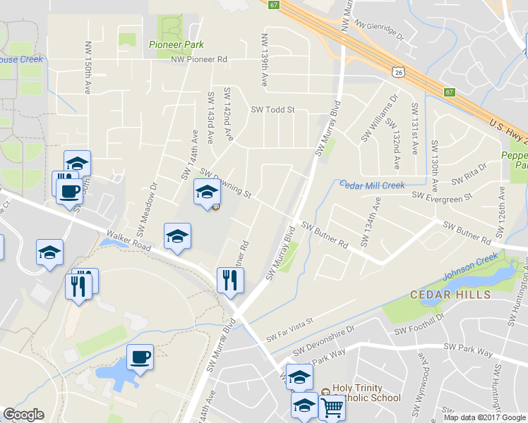 map of restaurants, bars, coffee shops, grocery stores, and more near 13960 Southwest Butner Road in Beaverton