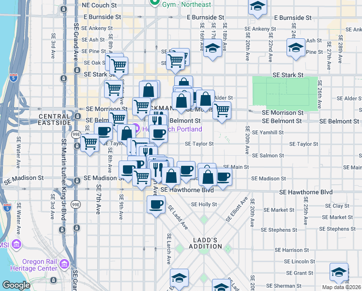map of restaurants, bars, coffee shops, grocery stores, and more near 1410 Southeast Taylor Street in Portland