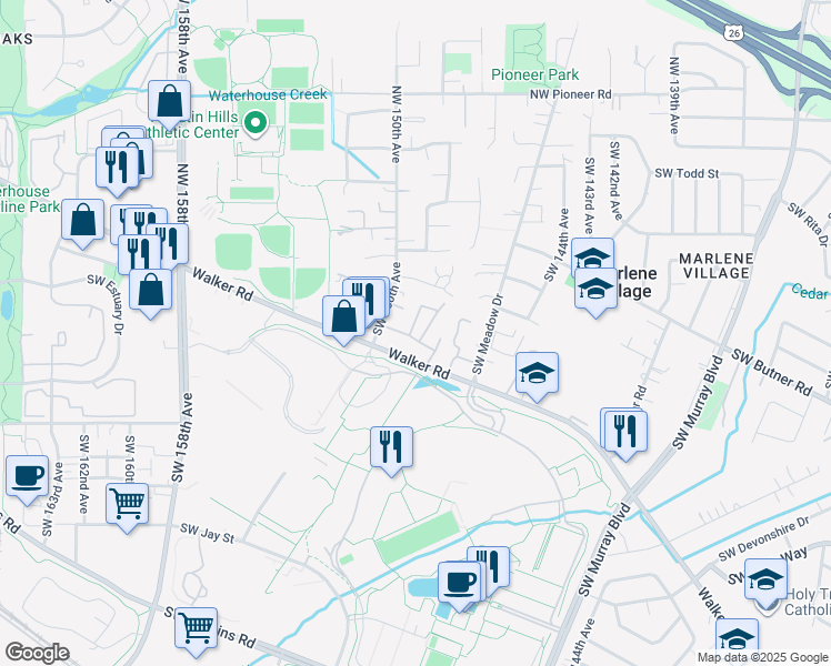 map of restaurants, bars, coffee shops, grocery stores, and more near 14869 Southwest Walker Road in Beaverton