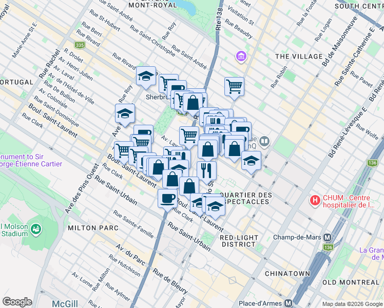 map of restaurants, bars, coffee shops, grocery stores, and more near 244 Rue Sherbrooke Est in Estate