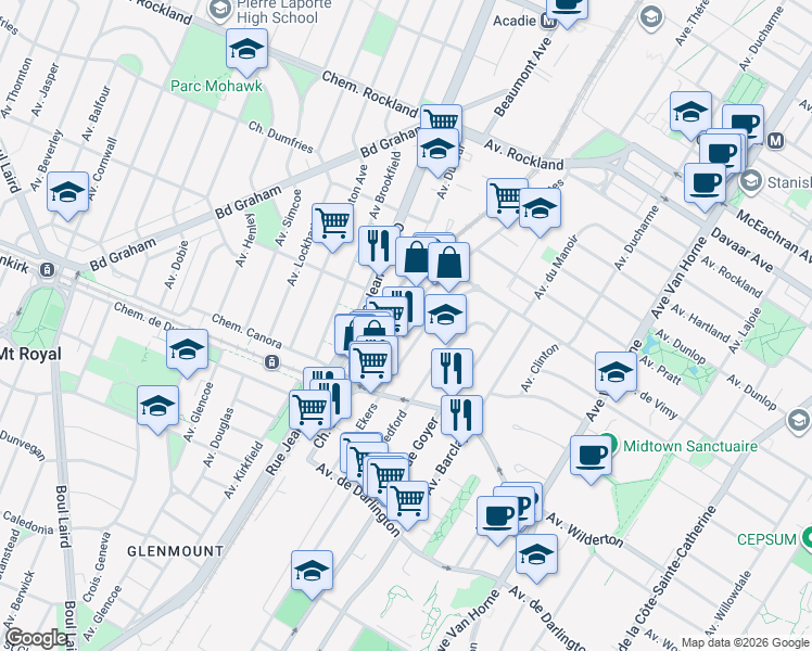 map of restaurants, bars, coffee shops, grocery stores, and more near 240 Chemin Bates in Mont-Royal