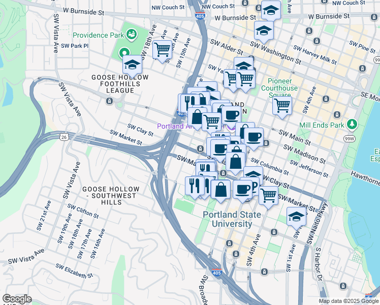 map of restaurants, bars, coffee shops, grocery stores, and more near 1500 Southwest 12th Avenue in Portland