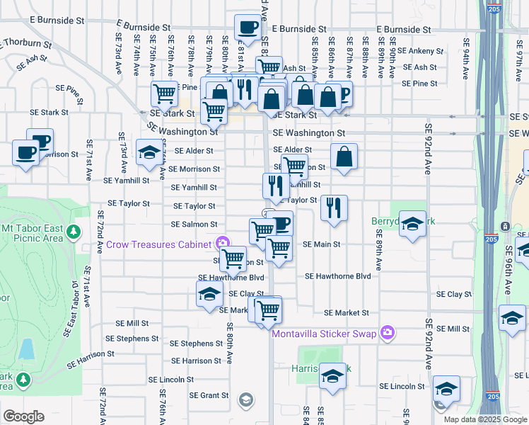 map of restaurants, bars, coffee shops, grocery stores, and more near 1164 Southeast 82nd Avenue in Portland
