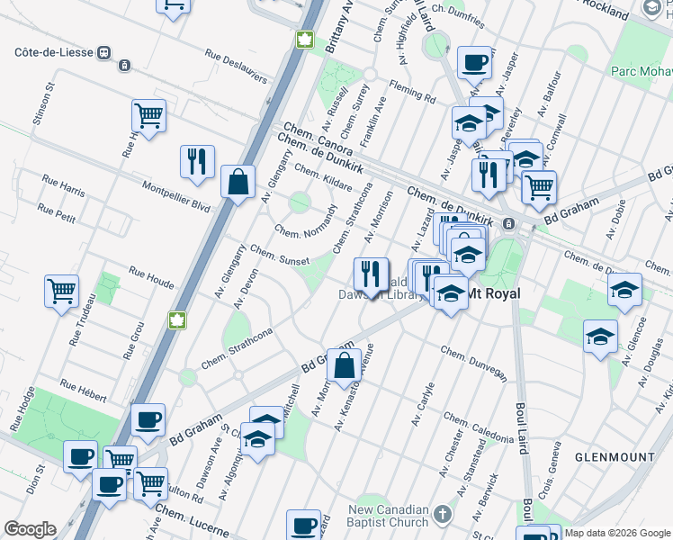 map of restaurants, bars, coffee shops, grocery stores, and more near in Mount Royal
