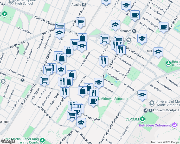 map of restaurants, bars, coffee shops, grocery stores, and more near 906 Avenue Pratt in Montréal