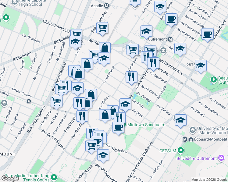 map of restaurants, bars, coffee shops, grocery stores, and more near 906 Avenue Pratt in Montréal