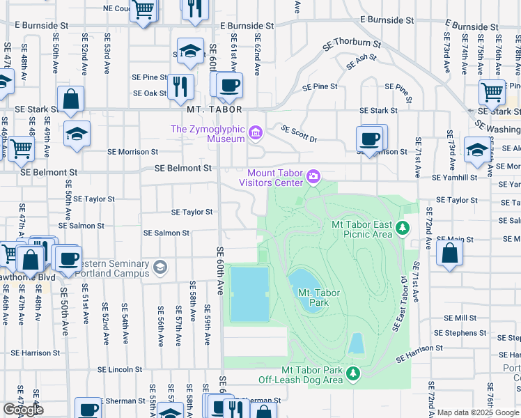 map of restaurants, bars, coffee shops, grocery stores, and more near 6347 Southeast Yamhill Street in Portland
