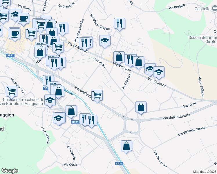 map of restaurants, bars, coffee shops, grocery stores, and more near 7B Via Vespucci in Arzignano