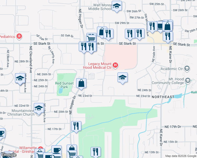 map of restaurants, bars, coffee shops, grocery stores, and more near 2115 Northeast 25th Court in Gresham
