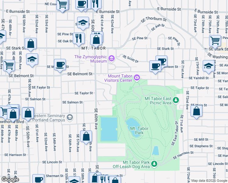 map of restaurants, bars, coffee shops, grocery stores, and more near 6330 Southeast Yamhill Street in Portland