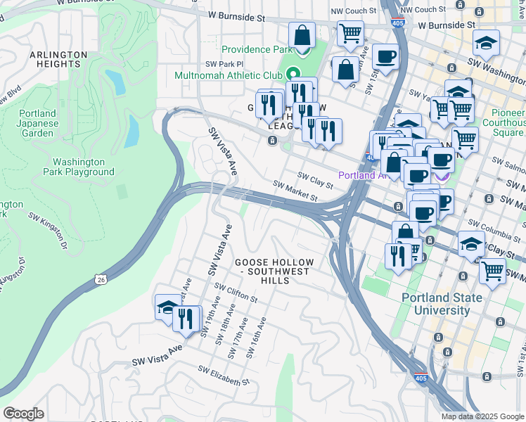 map of restaurants, bars, coffee shops, grocery stores, and more near 1828 Southwest 18th Avenue in Portland
